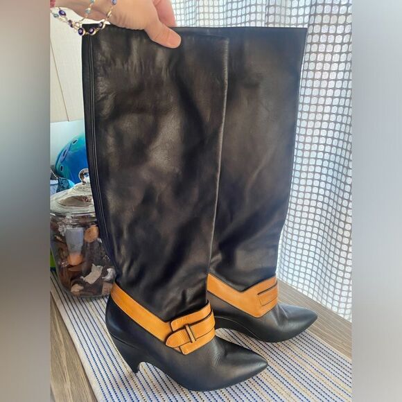 BALENCIAGA Leather Boots Womens Size 38 Black Heels Camel Strap authentic - Picture 2 of 14